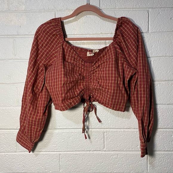 Levi’s Puff Sleeve Plaid Ruched Crop Top Devin Medium Women’s Red Long Sleeve - Picture 8 of 16